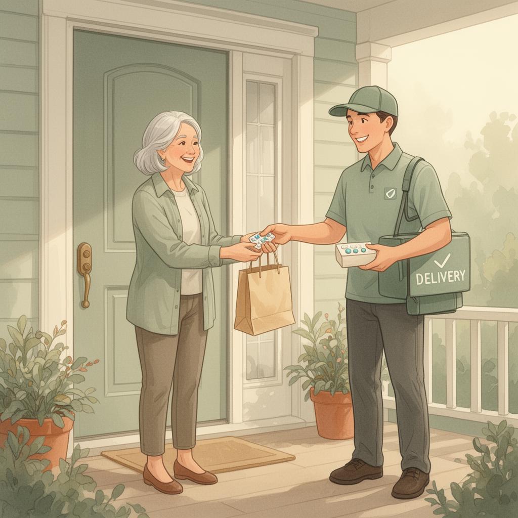 A friendly courier handing medicine to a smiling senior at her front door